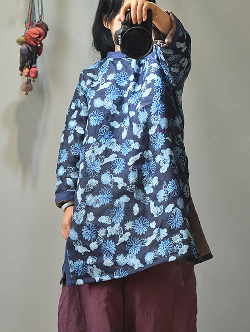 Winter Retro Thick Print 100%ramie Coat Av1046