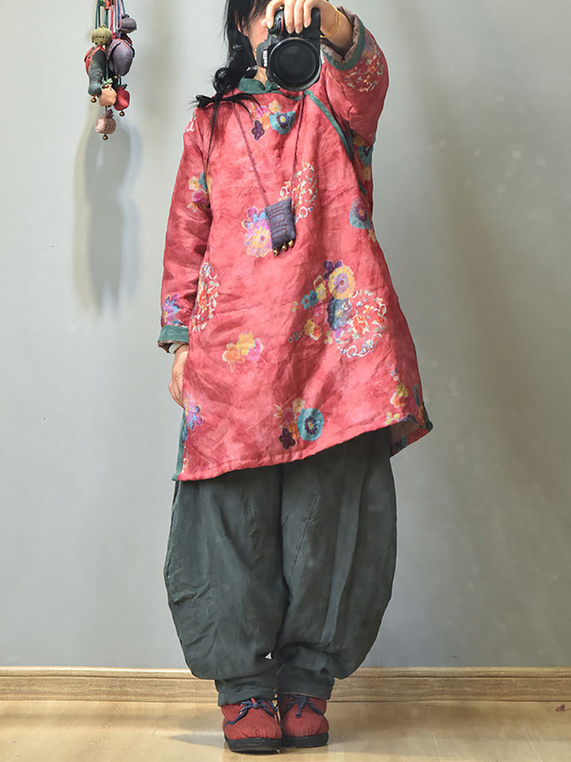 Winter Retro Thick Print 100%ramie Coat Av1046