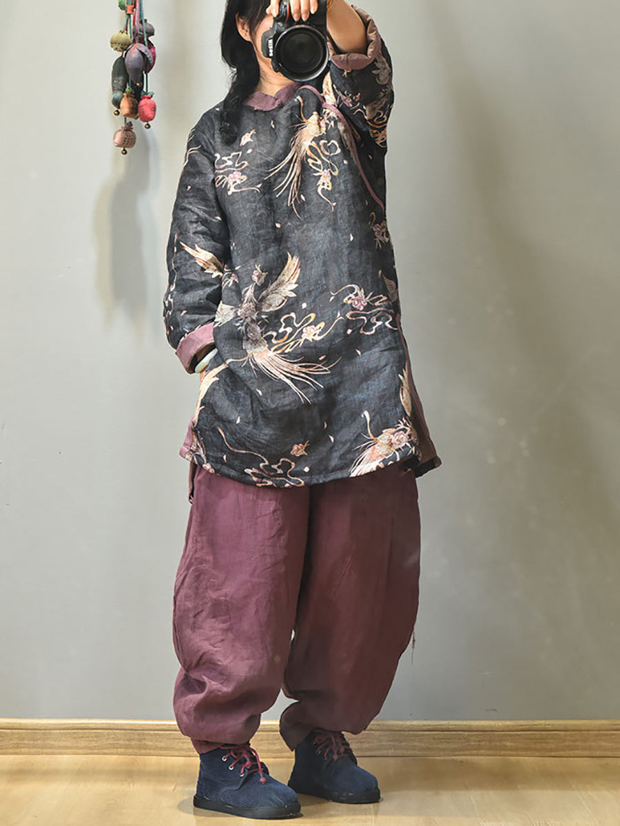 Winter Retro Thick Print 100%ramie Coat Av1046