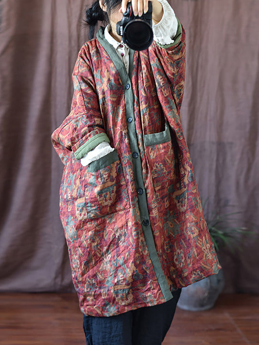 Winter Flower V-neck Linen Cotton Padded Coat Rr027