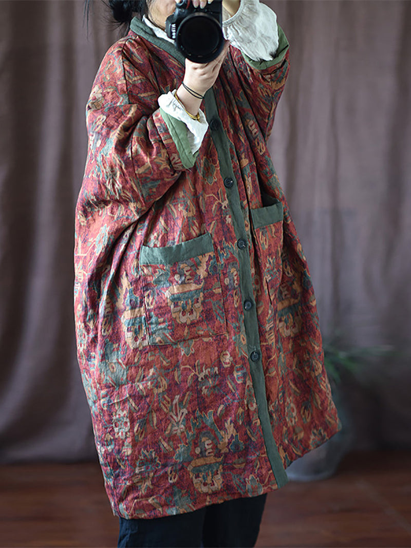Winter Flower V-neck Linen Cotton Padded Coat Rr027
