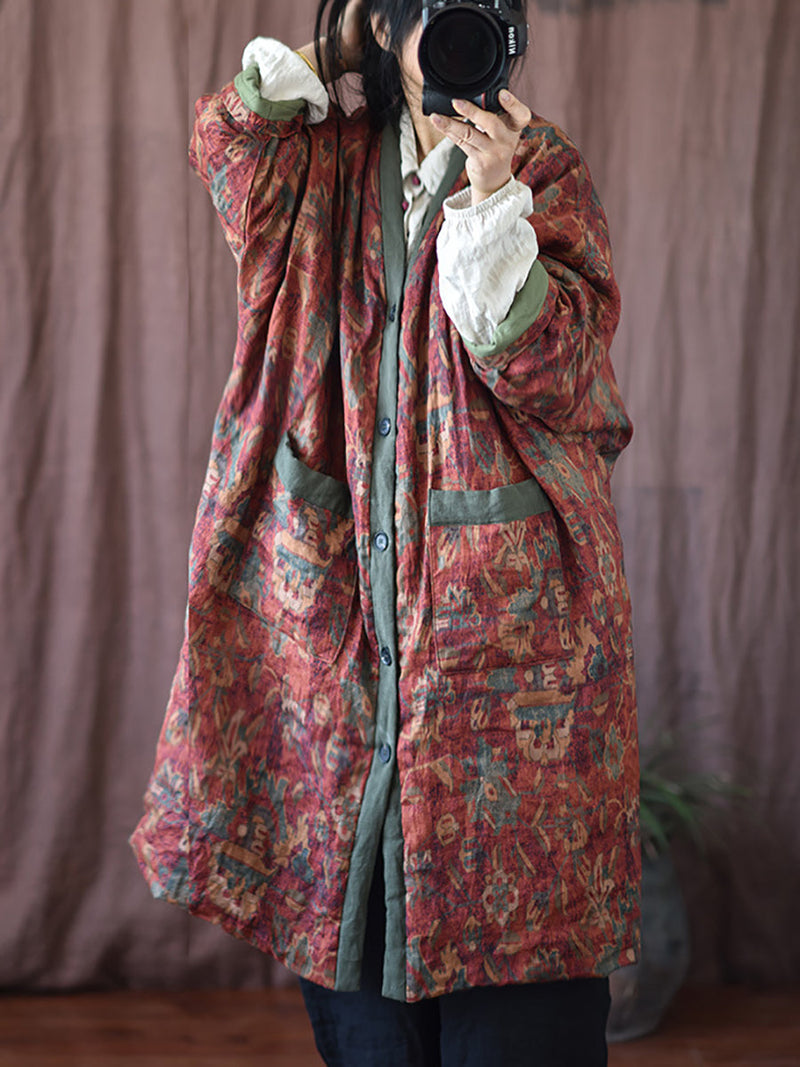 Winter Flower V-neck Linen Cotton Padded Coat Rr027
