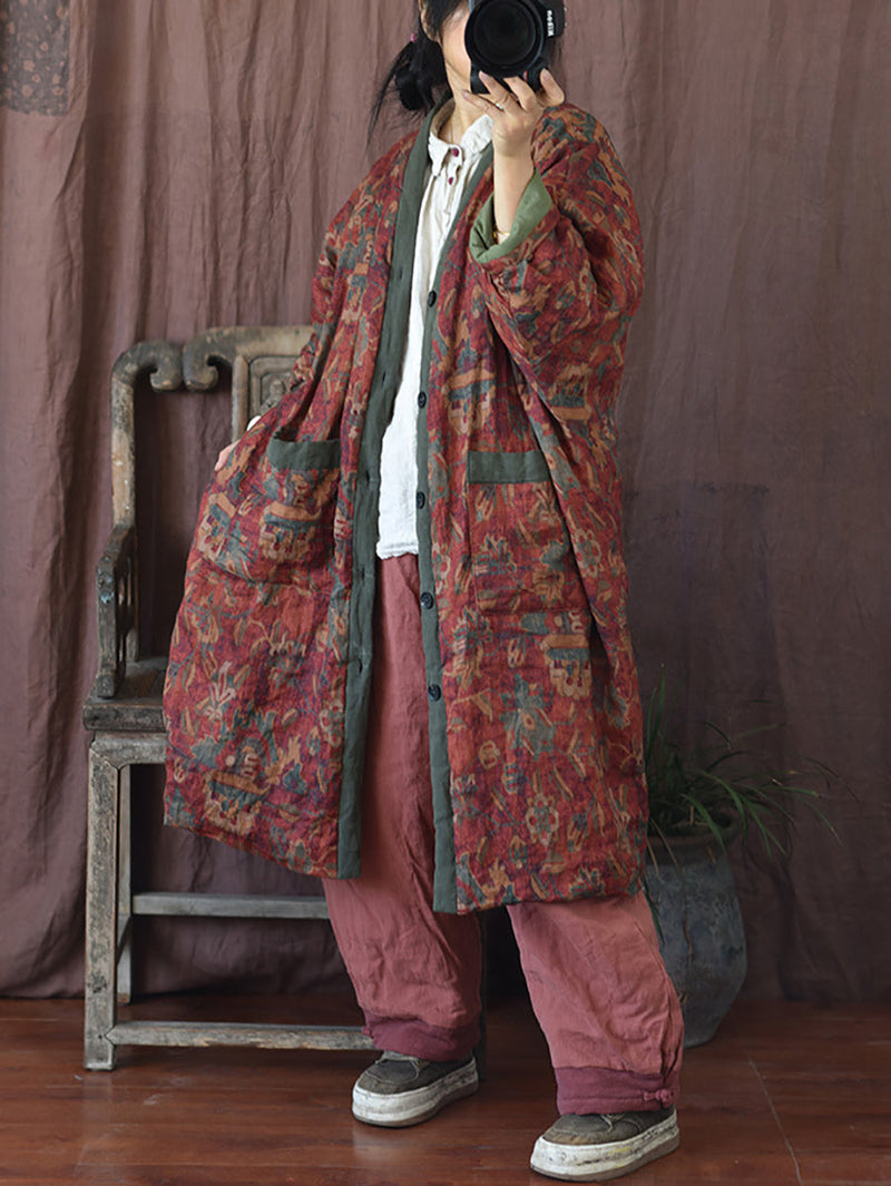Winter Flower V-neck Linen Cotton Padded Coat Rr027