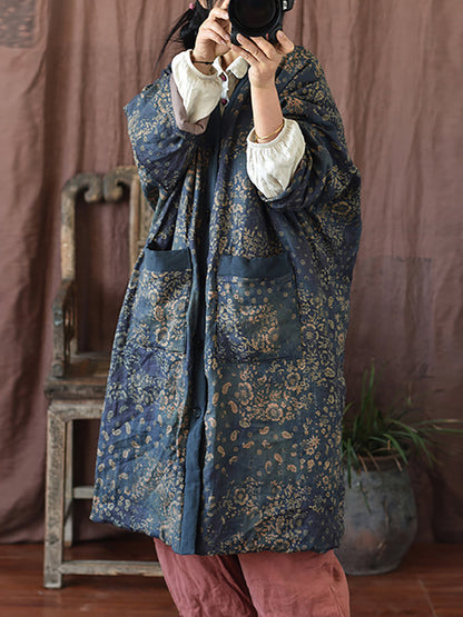 Winter Flower V-neck Linen Cotton Padded Coat Rr027