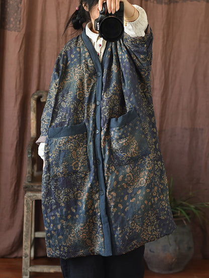 Winter Flower V-neck Linen Cotton Padded Coat Rr027