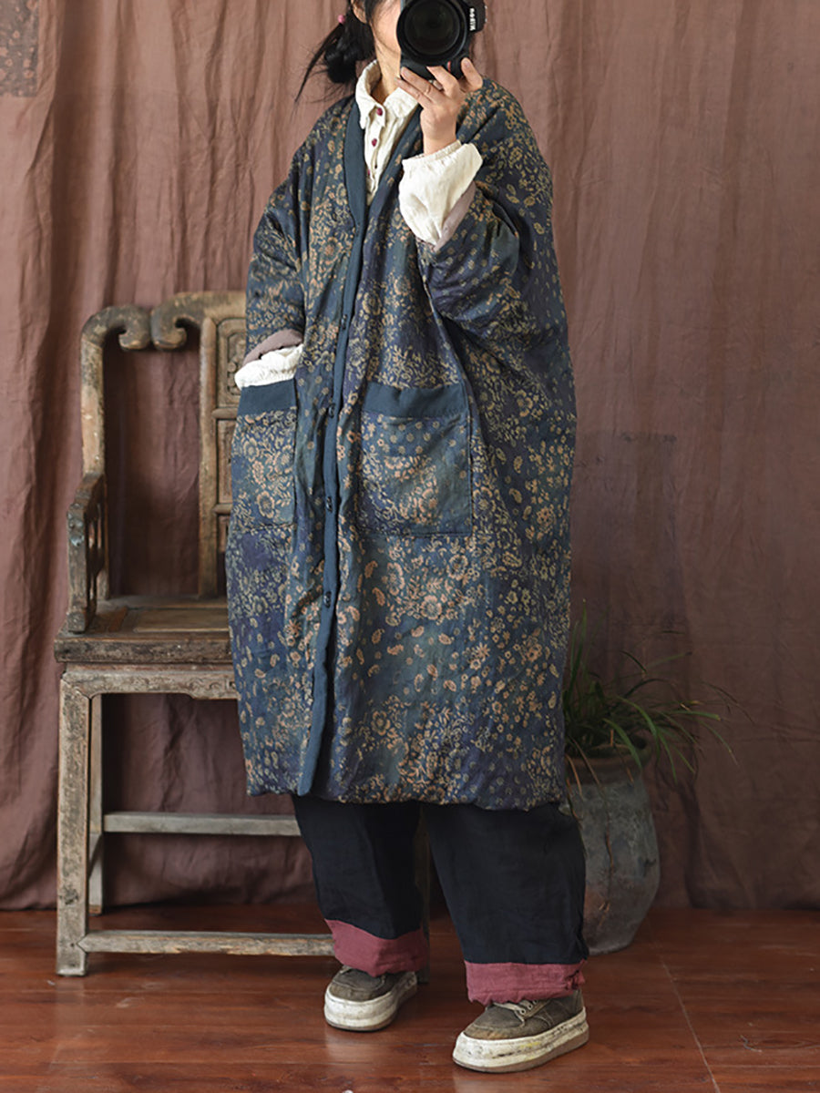 Winter Flower V-neck Linen Cotton Padded Coat Rr027