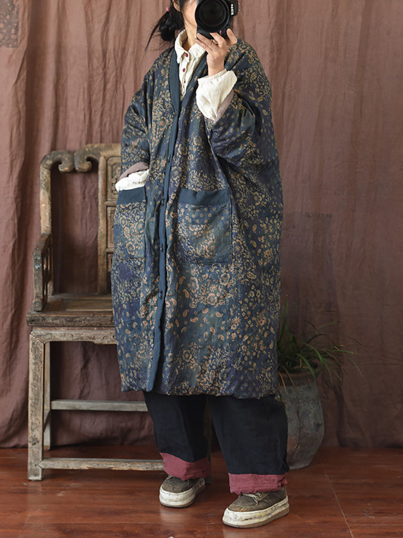 Winter Flower V-neck Linen Cotton Padded Coat Rr027