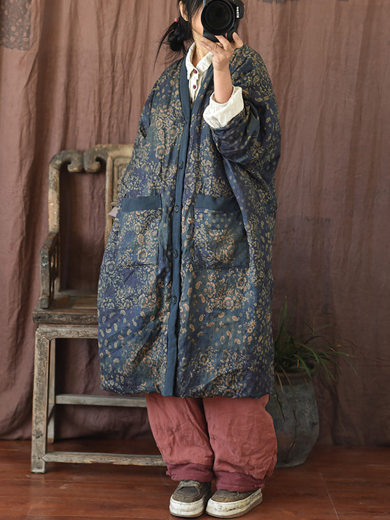 Winter Flower V-neck Linen Cotton Padded Coat Rr027