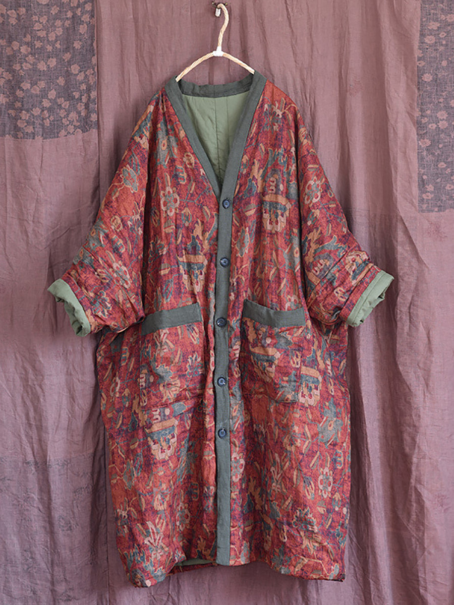 Winter Flower V-neck Linen Cotton Padded Coat Rr027