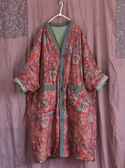 Winter Flower V-neck Linen Cotton Padded Coat Rr027