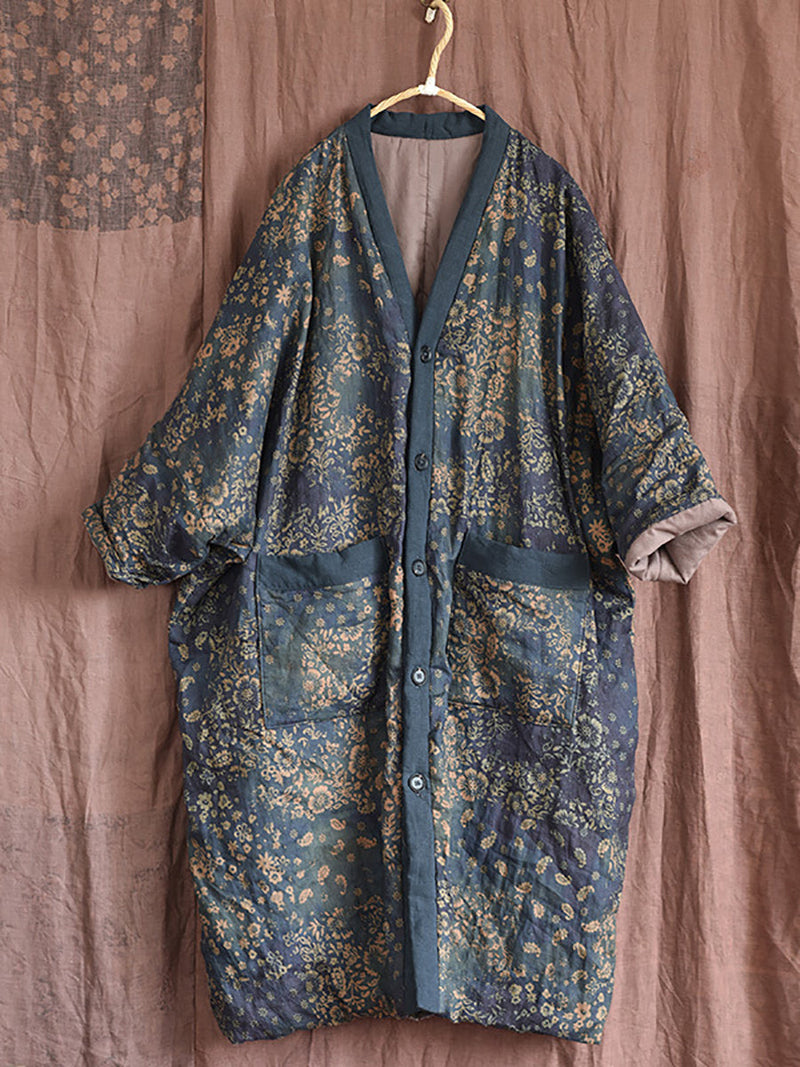 Winter Flower V-neck Linen Cotton Padded Coat Rr027