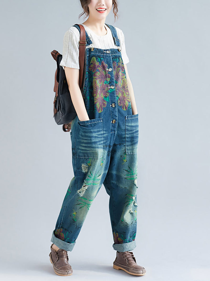 Summer Flower Denim Pocket Jumpsuits As1040