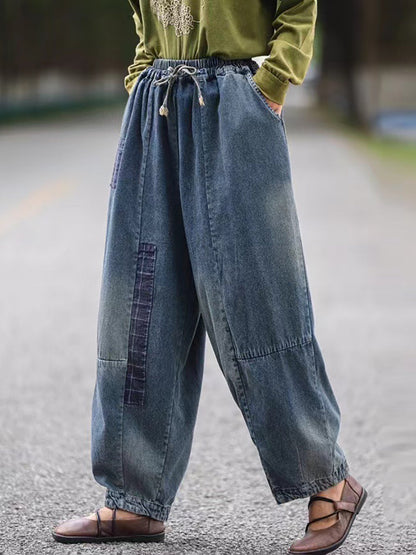 Autumn Retro Patch Denim Spliced Harem Pants As1034