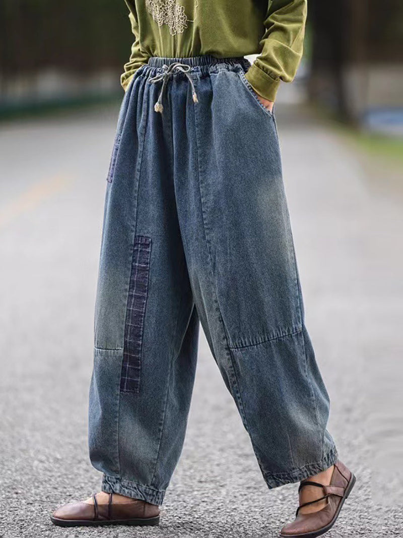 Autumn Retro Patch Denim Spliced Harem Pants As1034