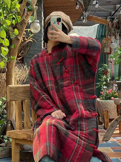 Plaid Winter Button Cotton Robe Coat As1044