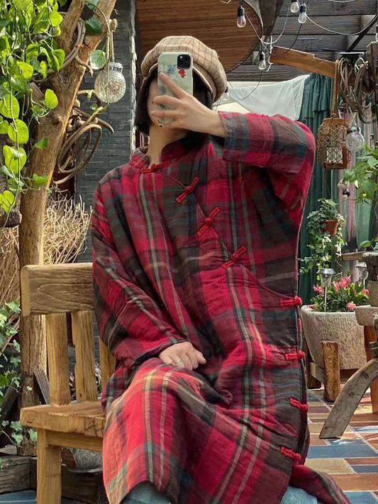 Plaid Winter Button Cotton Robe Coat As1044