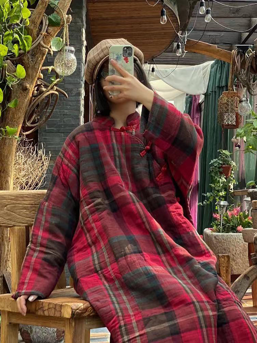 Plaid Winter Button Cotton Robe Coat As1044