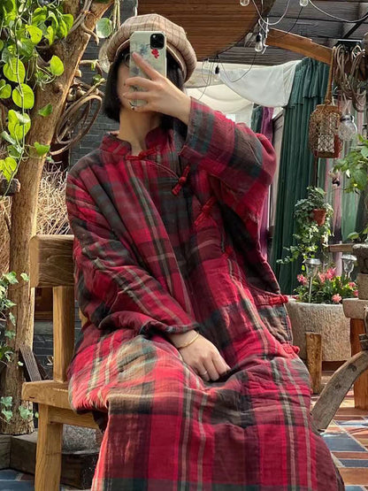 Plaid Winter Button Cotton Robe Coat As1044