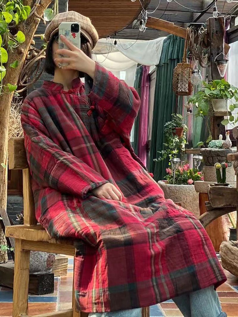 Plaid Winter Button Cotton Robe Coat As1044