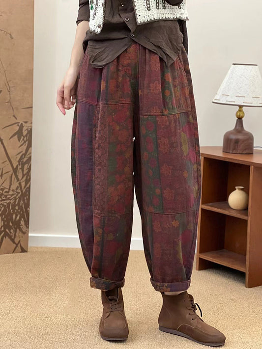 Autumn Retro Flower Spliced Cotton Harem Pants As1033
