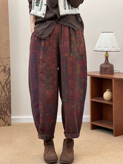 Autumn Retro Flower Spliced Cotton Harem Pants As1033