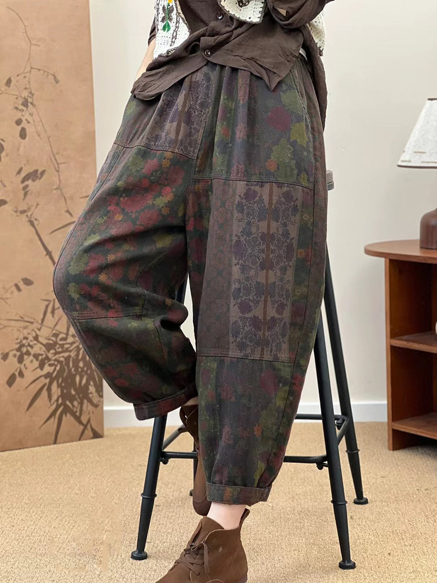 Autumn Retro Flower Spliced Cotton Harem Pants As1033