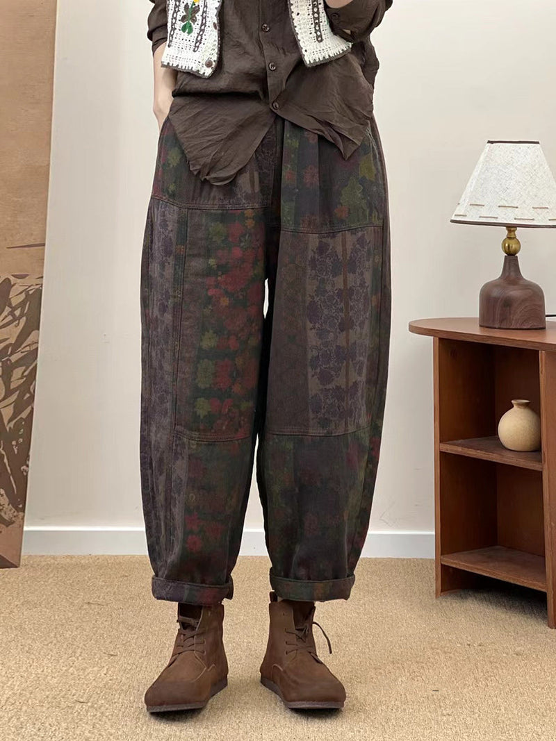 Autumn Retro Flower Spliced Cotton Harem Pants As1033