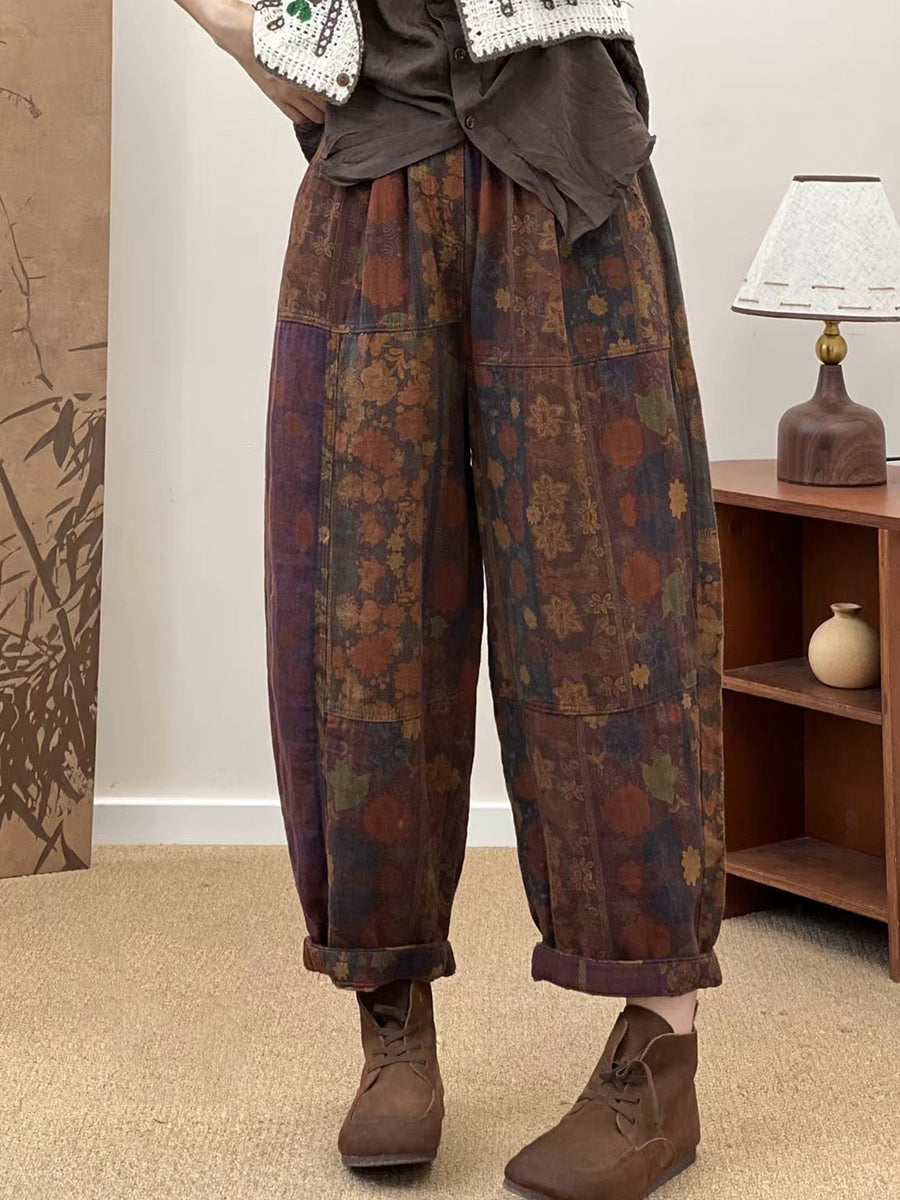 Autumn Retro Flower Spliced Cotton Harem Pants As1033