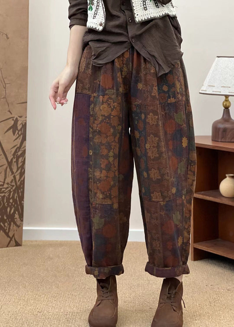 Autumn Retro Flower Spliced Cotton Harem Pants As1033