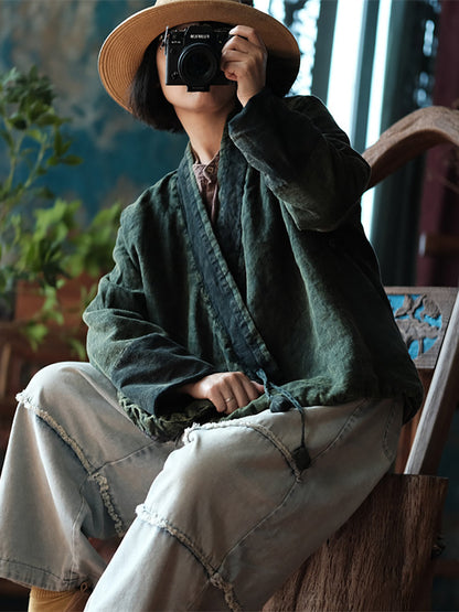 Autumn Colorblock V-neck Strap Linen Coat As1027
