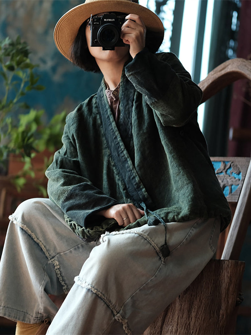 Autumn Colorblock V-neck Strap Linen Coat As1027