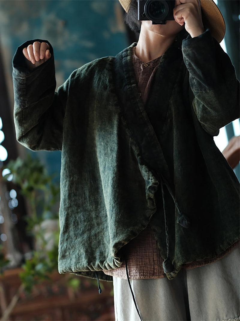 Autumn Colorblock V-neck Strap Linen Coat As1027