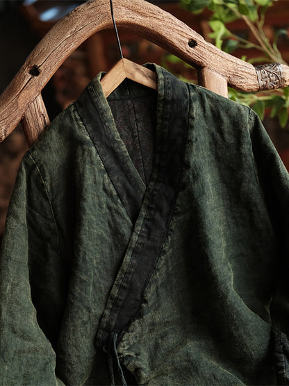 Autumn Colorblock V-neck Strap Linen Coat As1027