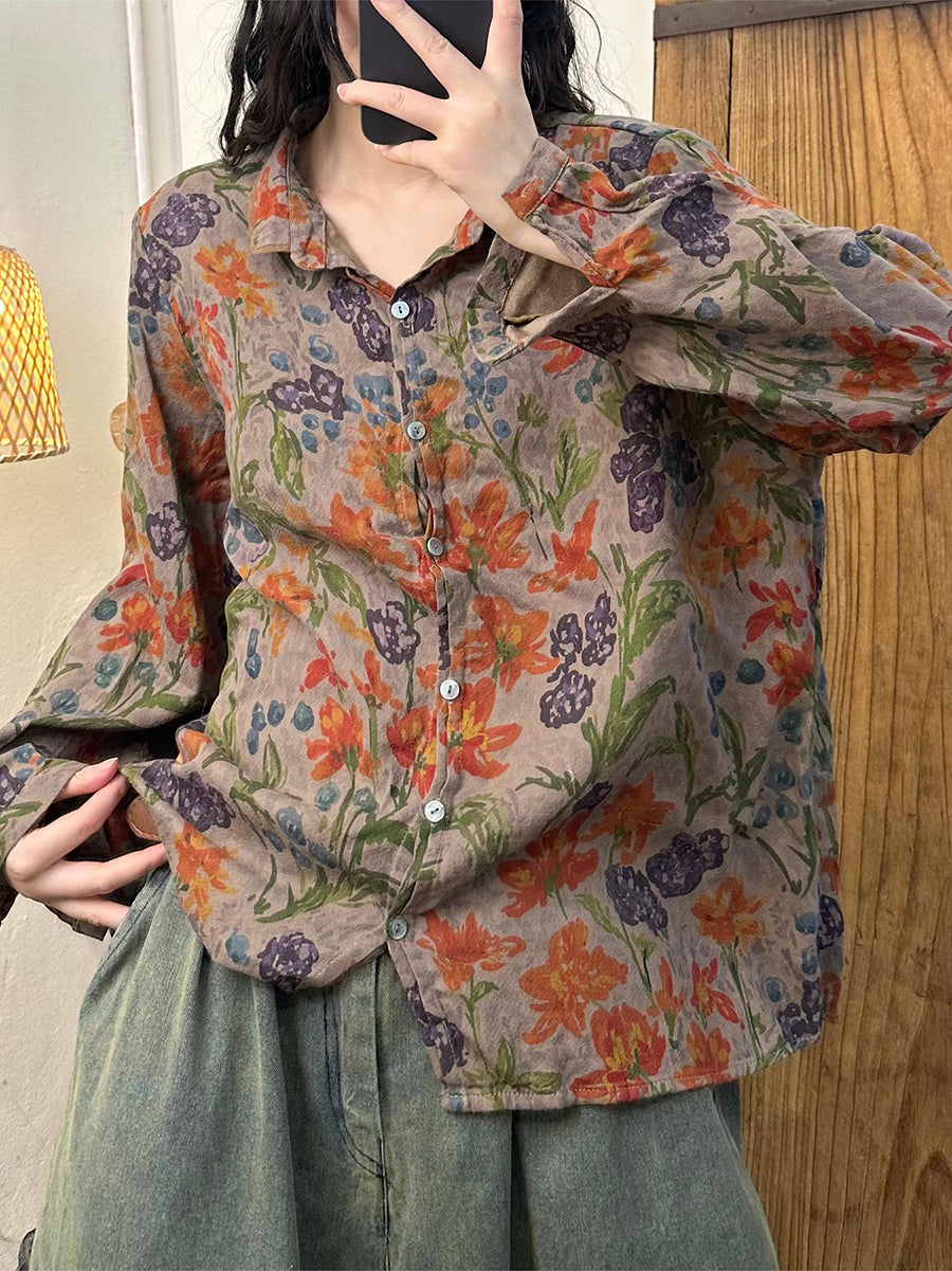 Autumn Flower Button-up Turn-down Collar Cotton Blouse As1032