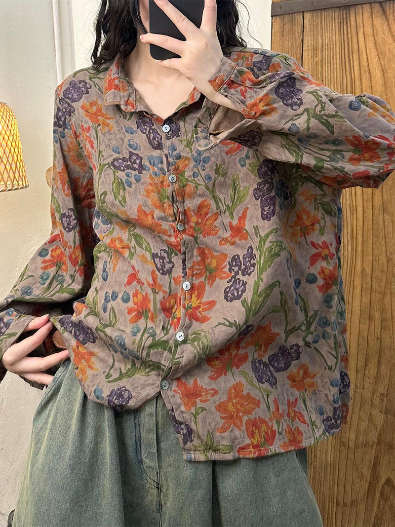 Autumn Flower Button-up Turn-down Collar Cotton Blouse As1032