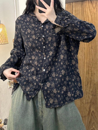 Autumn Flower Button-up Turn-down Collar Cotton Blouse As1032