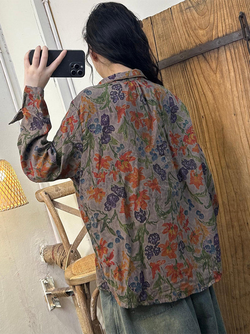 Autumn Flower Button-up Turn-down Collar Cotton Blouse As1032