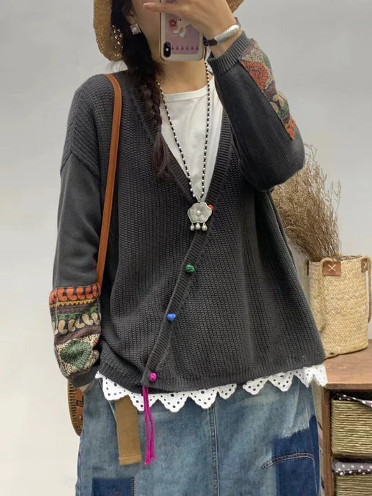 Autumn Patch V-neck Knit Sweater As1025
