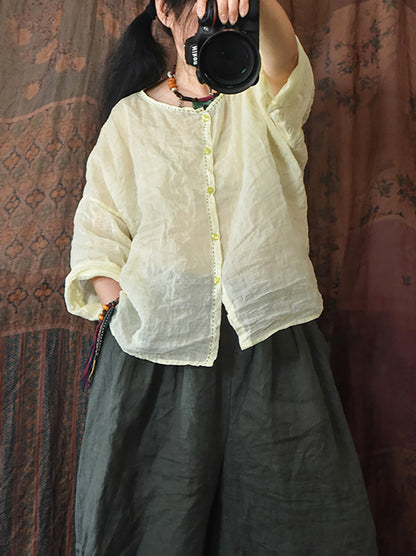 Summer Stitching Button Ramie Blouse At1063