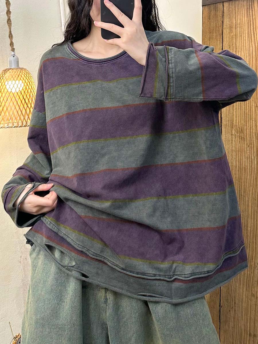 Autumn Colorblock Stripe O-neck Cotton Blouse At1071