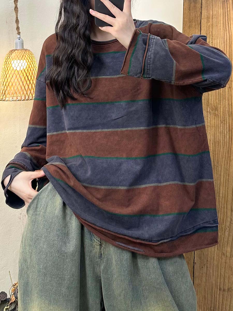 Autumn Colorblock Stripe O-neck Cotton Blouse At1071