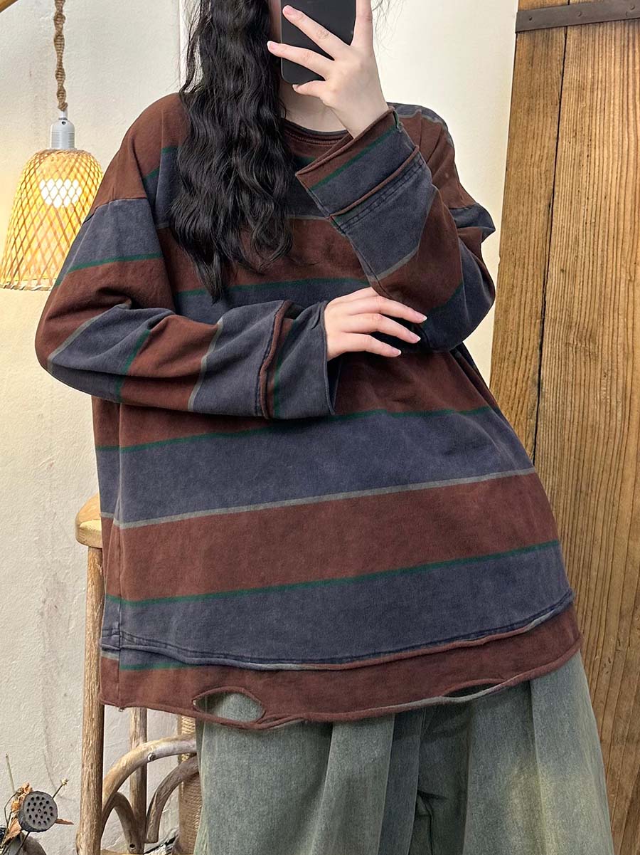 Autumn Colorblock Stripe O-neck Cotton Blouse At1071