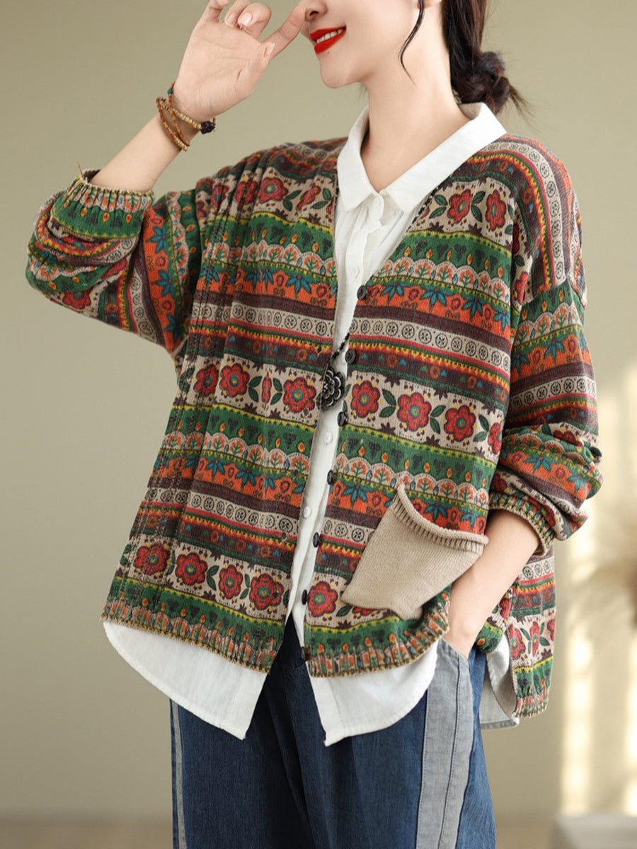 Autumn Artsy Flower Button V-neck Sweater At1082