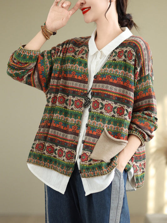 Autumn Artsy Flower Button V-neck Sweater At1082