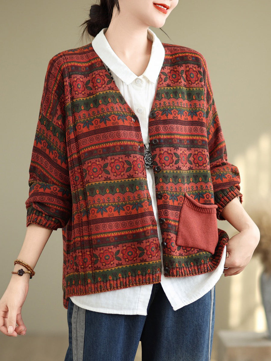 Autumn Artsy Flower Button V-neck Sweater At1082