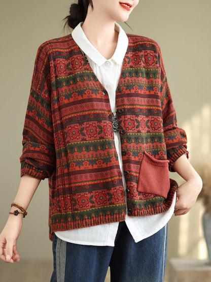 Autumn Artsy Flower Button V-neck Sweater At1082