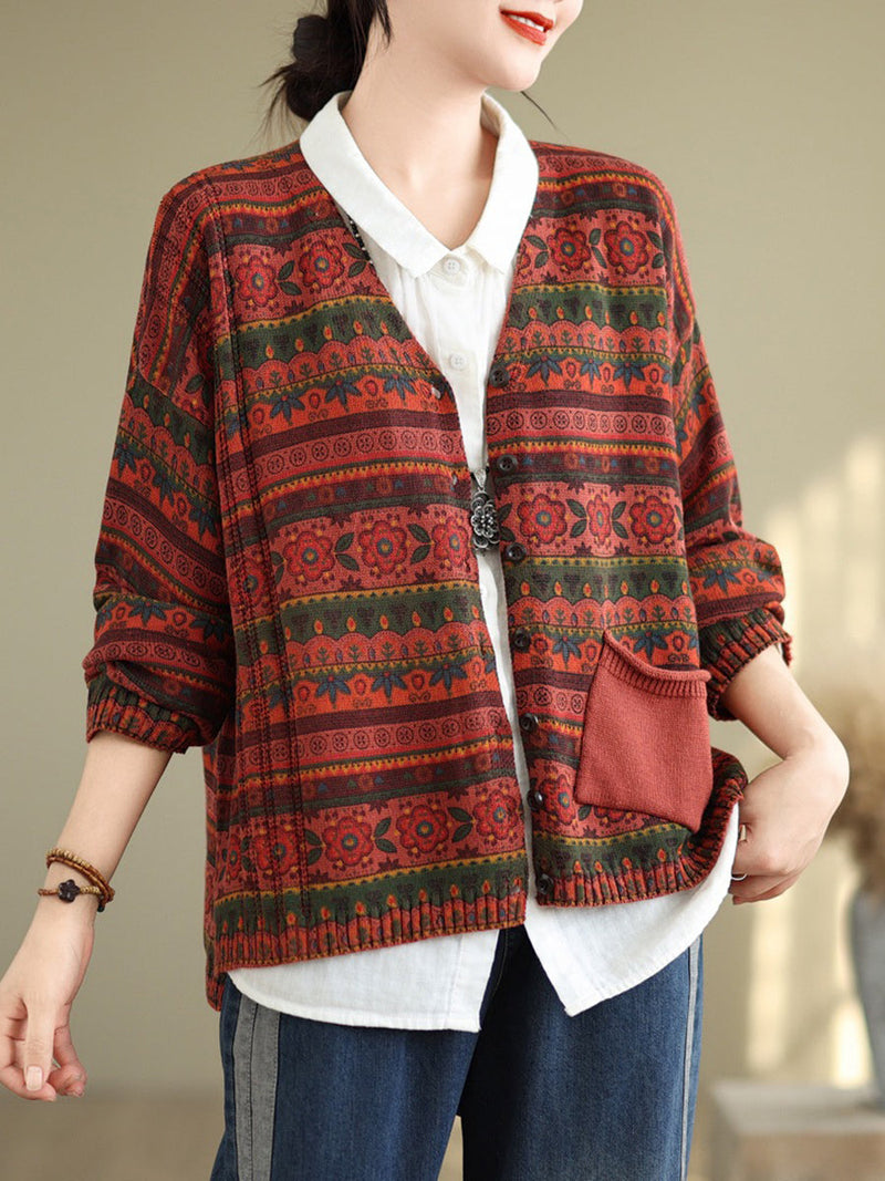Autumn Artsy Flower Button V-neck Sweater At1082