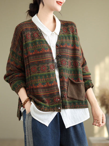 Autumn Artsy Flower Button V-neck Sweater At1082