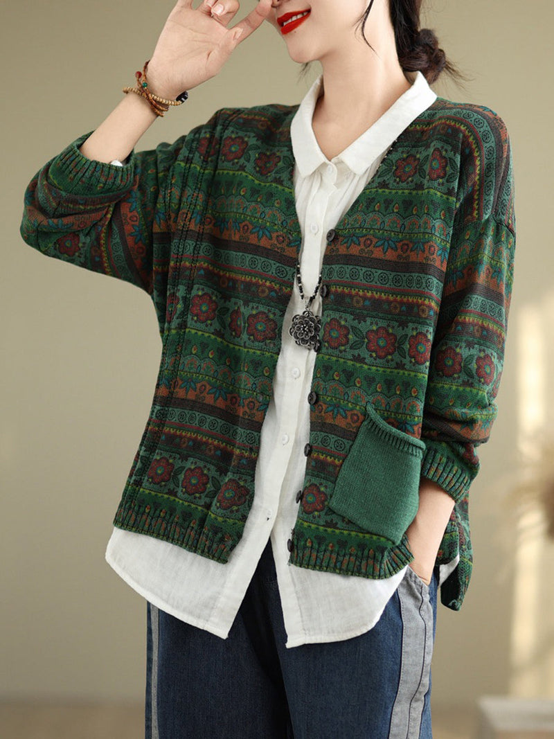 Autumn Artsy Flower Button V-neck Sweater At1082
