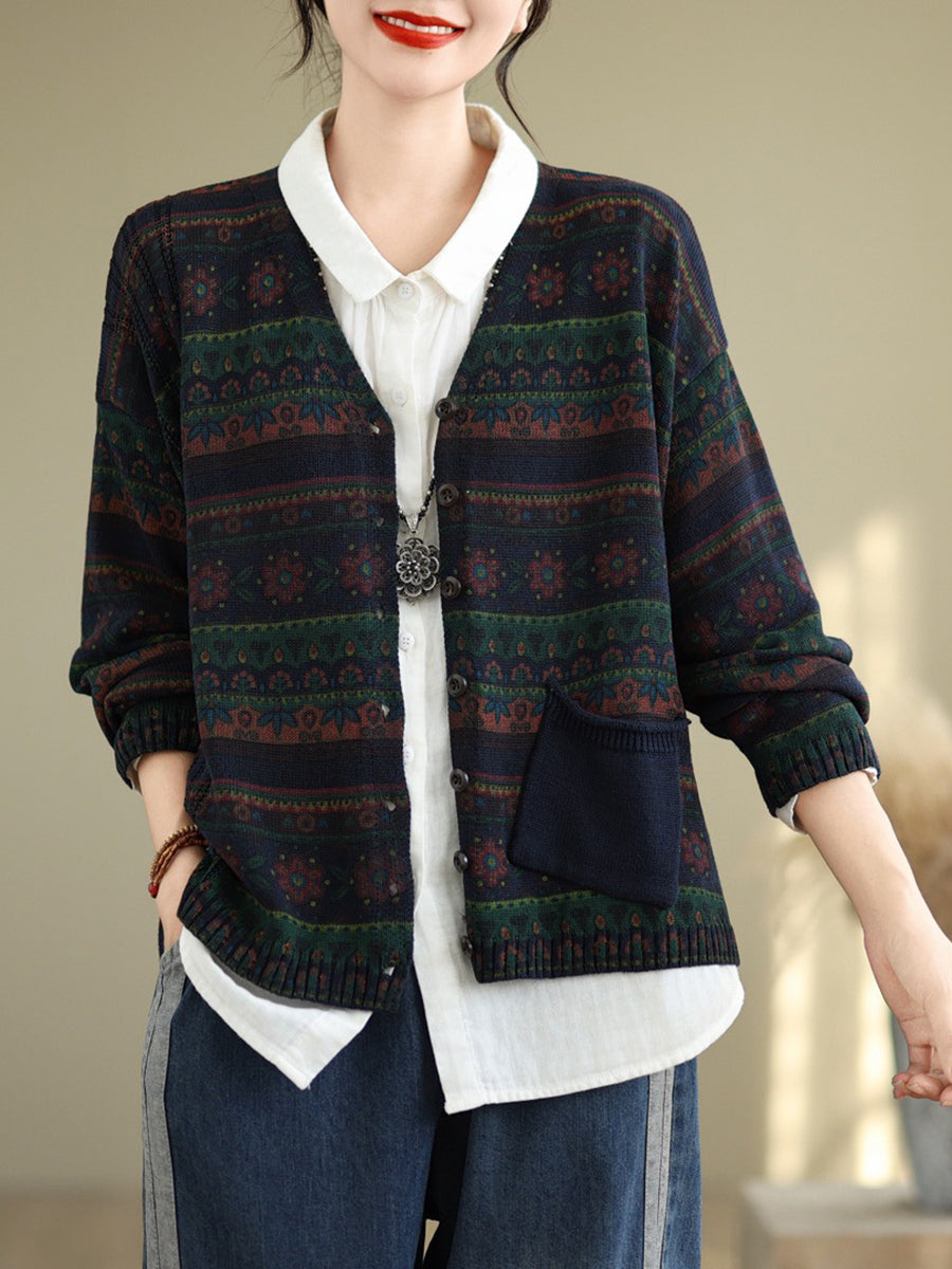 Autumn Artsy Flower Button V-neck Sweater At1082
